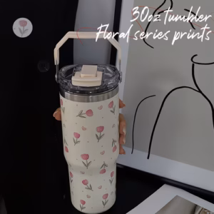 แก้วน้ำลายดอกทิวลิปสีชมพู 1 ชิ้น ขนาด 30.1 ออนซ์/901 มล. พร้อมหูหิ้ว - แก้วน้ำพร้อมฝาปิดและหูหิ้ว, แก้วสแตนเลส 304, กันรั่วพร้อมฝาปิด - แก้วน้ำสุญญากาศสองชั้นสำหรับเดินทาง, ขวดน้ำ, แก้วกาแฟ, แก้วในรถ, ใช้ซ้ำได้, เหมาะสำหรับเดินทาง, ฟิตเนส